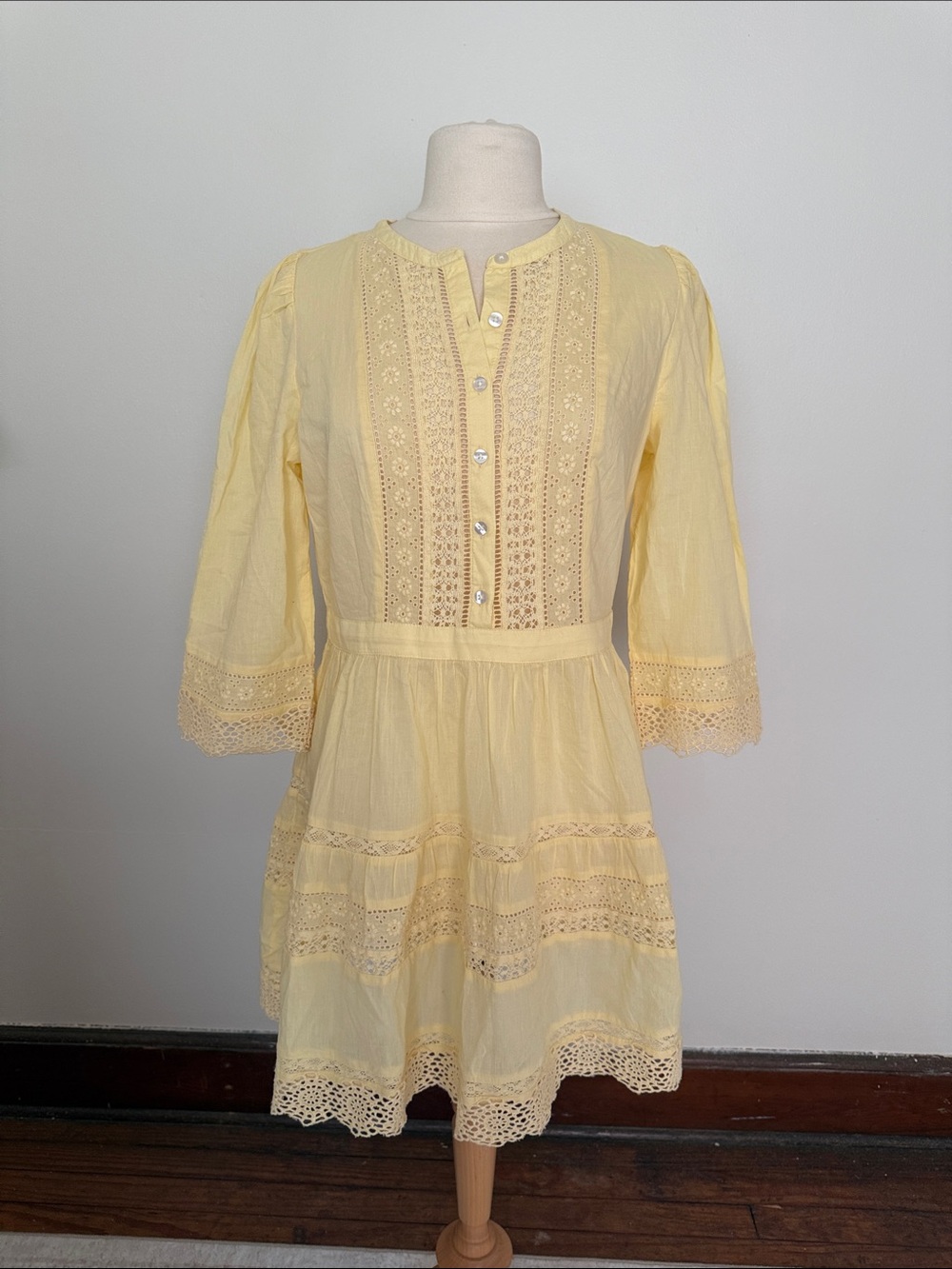 GAP Pale Yellow Lace-Trim Button Mini Dress